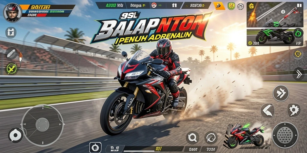 Screenshot gameplay 9SL menampilkan balapan motor yang mendebarkan.