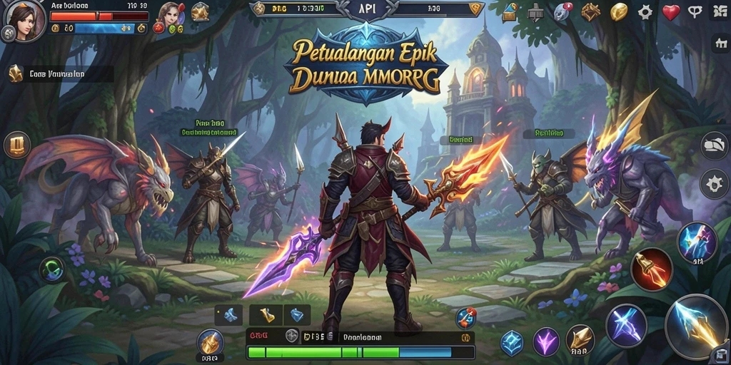 Screenshot gameplay menampilkan pertempuran epik di dunia MMORPG.