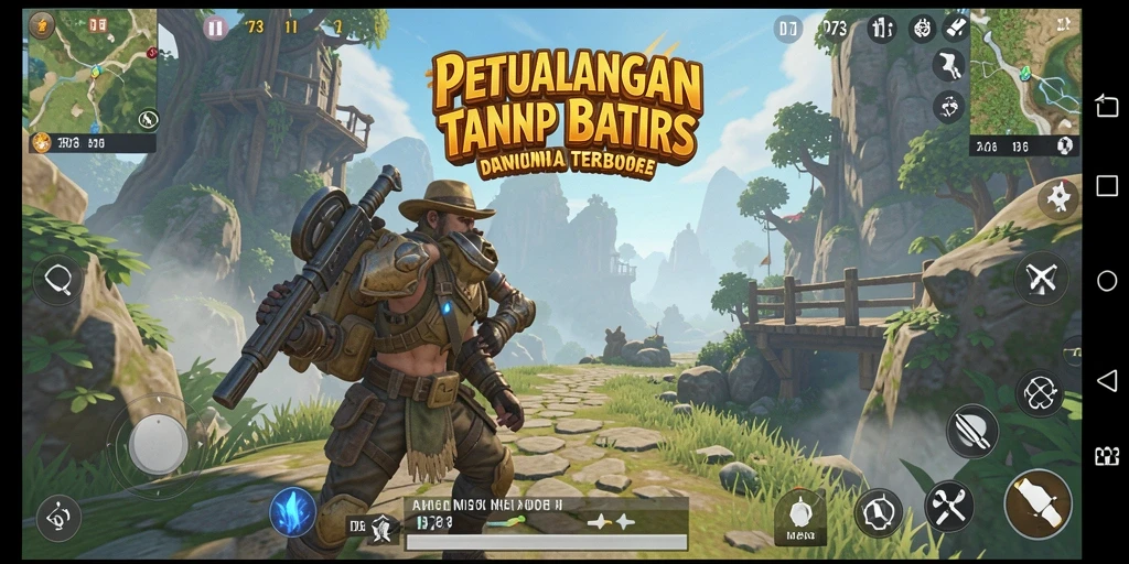 Screenshot gameplay D73 yang menampilkan dunia terbuka yang luas.