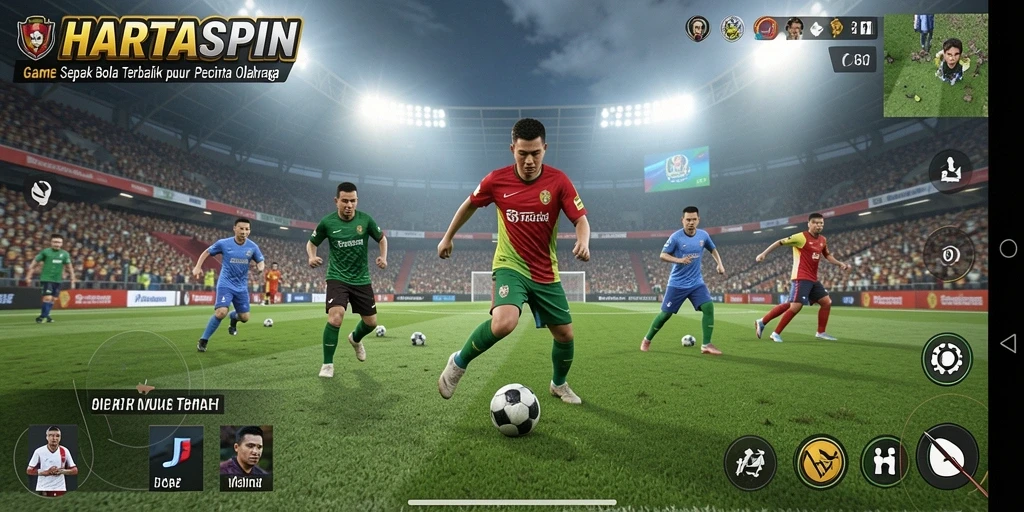 Tampilan gameplay HARTASPIN menampilkan aksi sepak bola yang mendebarkan.