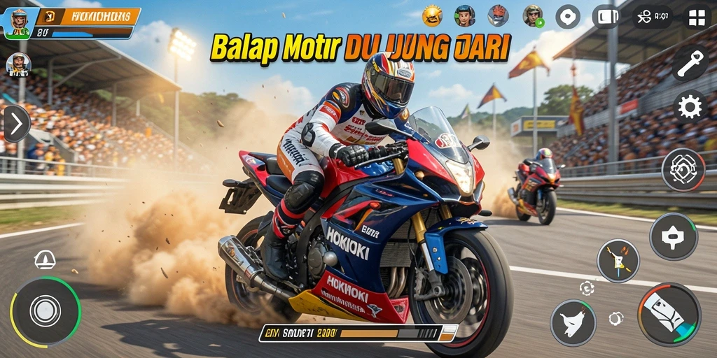 Gameplay HOKIHOKI menampilkan balapan motor yang seru dan menegangkan.