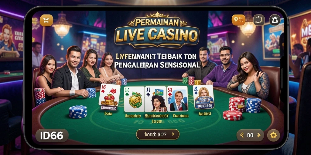 Screenshot gameplay ID66 dengan dealer langsung dan suasana kasino yang nyata.