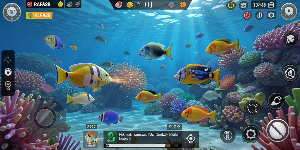 Tampilan gameplay RAFA88 saat menembak ikan dengan efek visual menawan.