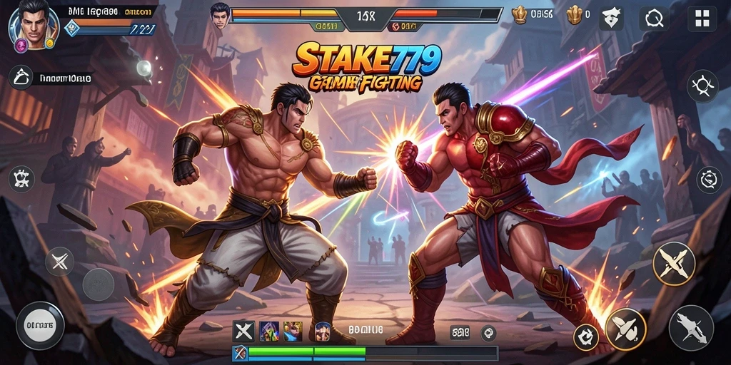 Screenshot STAKE779 menunjukkan pertarungan menegangkan di arena berwarna-warni.