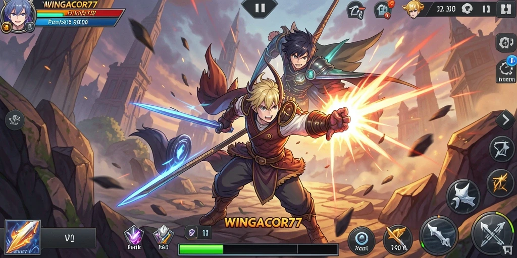 Tangkapan layar gameplay <strong>WINGACOR77</strong> menampilkan pertarungan karakter Anime yang epik.